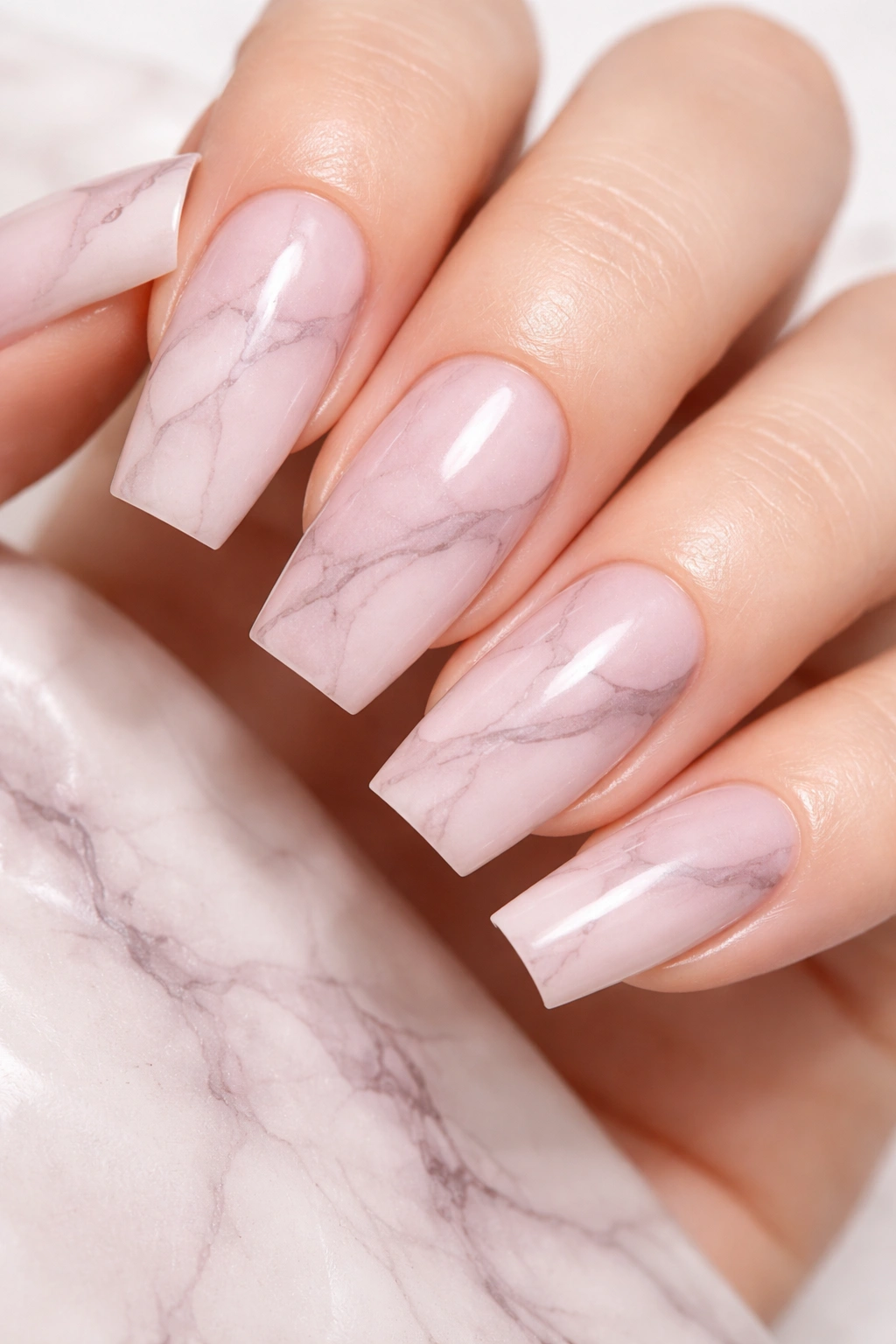 Soft pink marble nails on tapered soft square with subtle veining