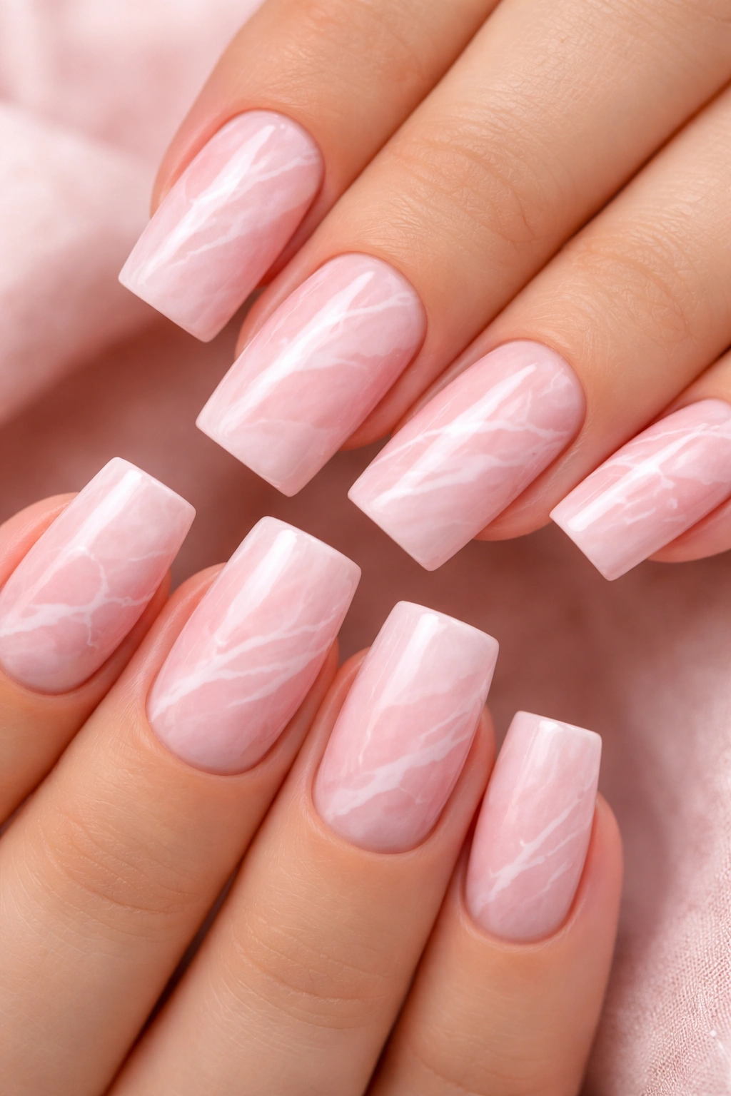 Close-up of square nails with soft pink marble and white veining