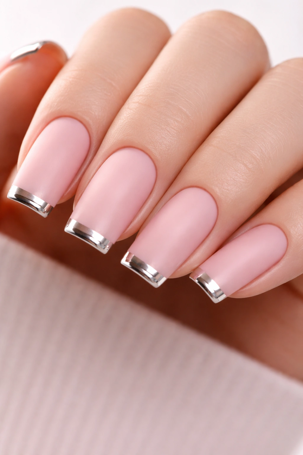 Close-up of square nails with matte pink base and chrome tip