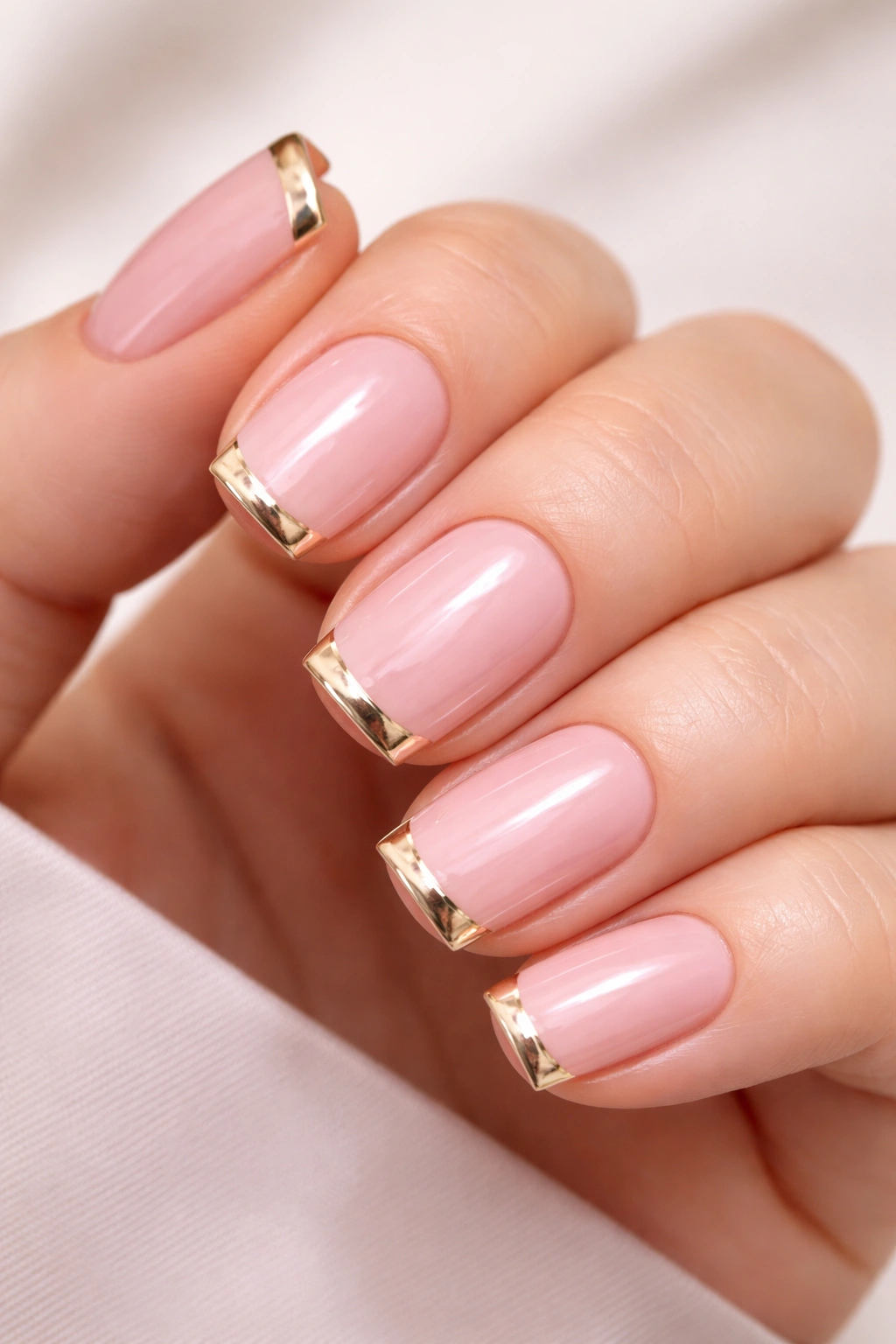 Close-up of nails with soft pink base and metallic French tips.