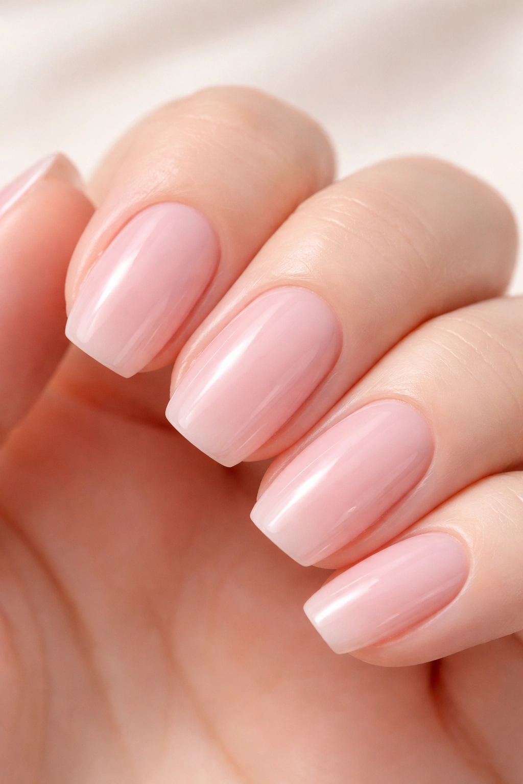 Nail close-up in soft pink with sheer glossy finish