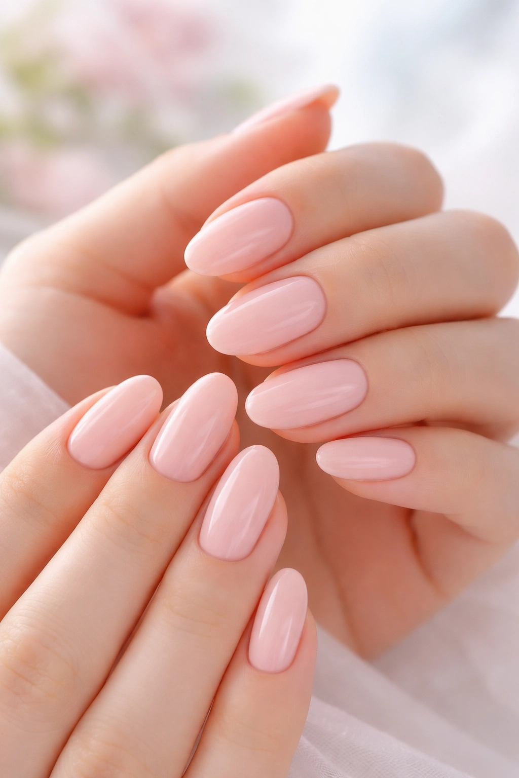 Soft pink nails on hands with a delicate pastel backdrop