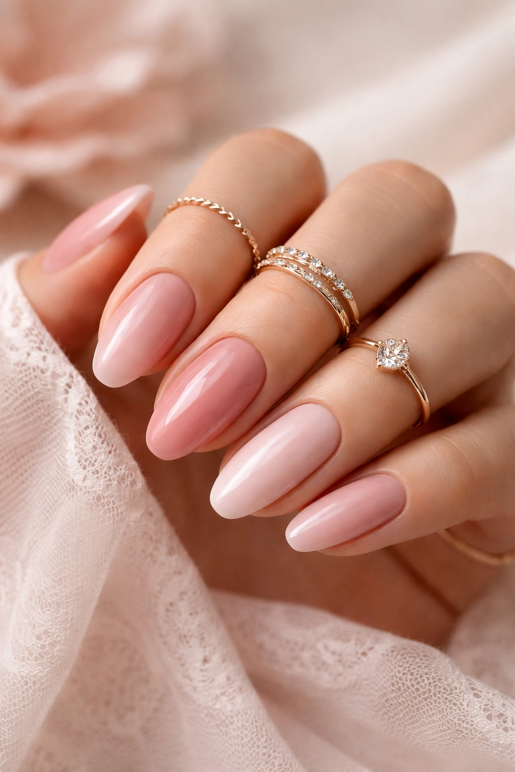 Close-up of hands with soft pink nails in blush and dusty rose tones
