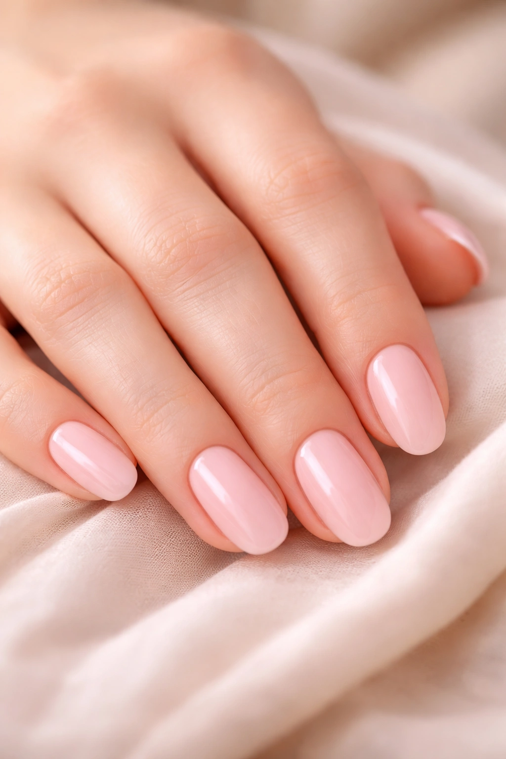 Close-up of soft pink manicure on hand with gentle pink shade