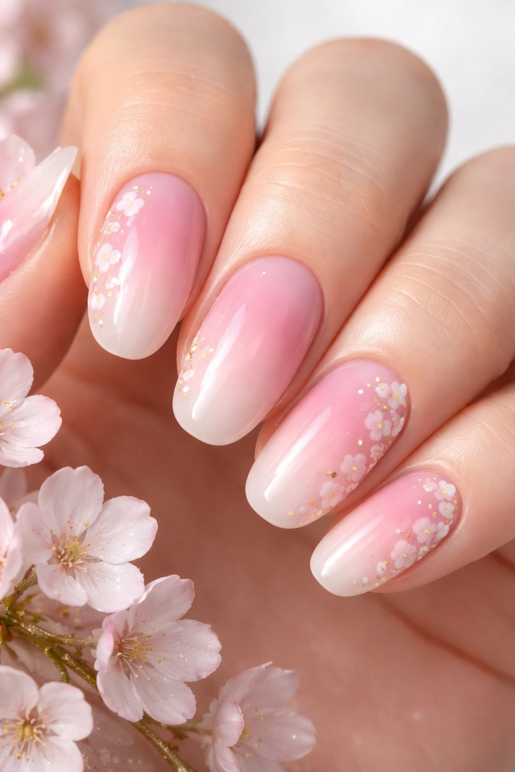 Close-up of soft pink aura nails with delicate cherry blossoms framing the edges
