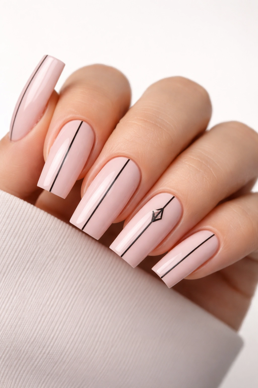 Close-up of soft pink square nails with precise black vertical lines.