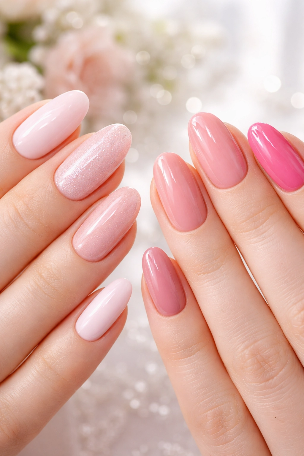 Close-up of hands showing soft pink and blush wedding nails such as strawberry milk and rose quartz