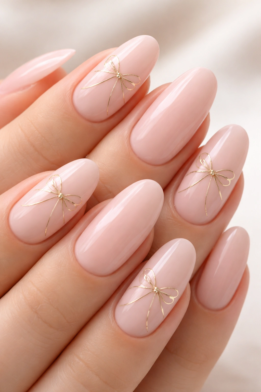 Close-up of nails with soft pink base and delicate gold bow outlines.