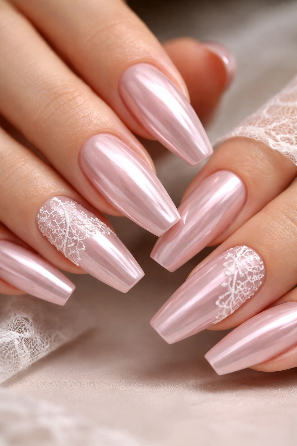 Close-up of sheer pink chrome nails with lace accents on two nails