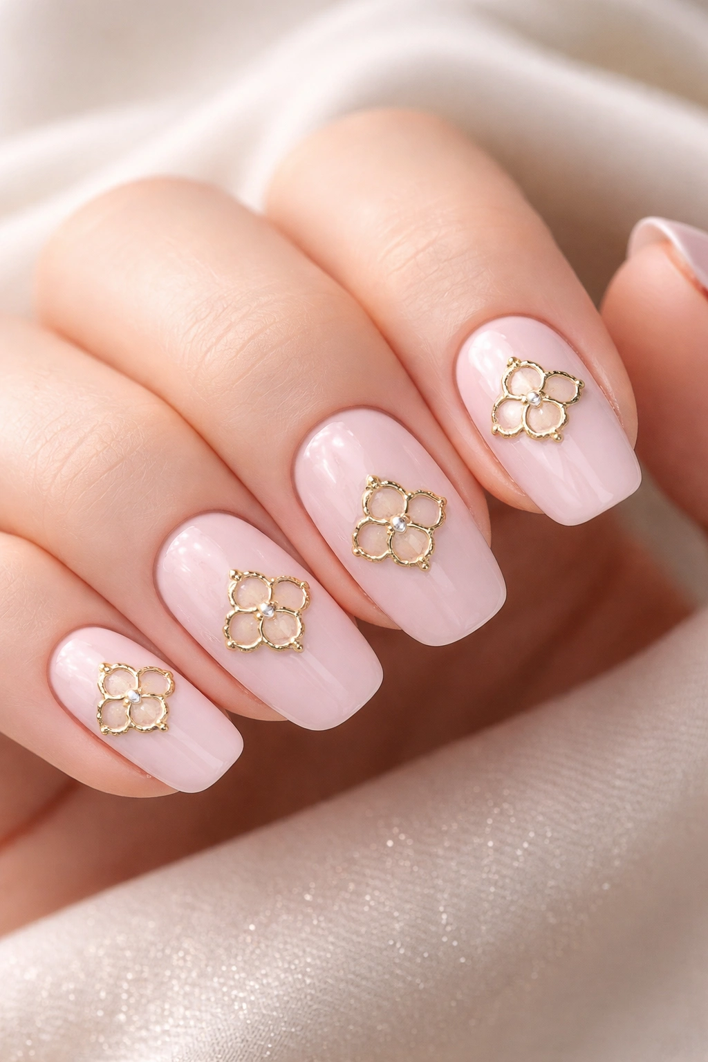Close-up of soft pink manicure with gold clover quatrefoil accents