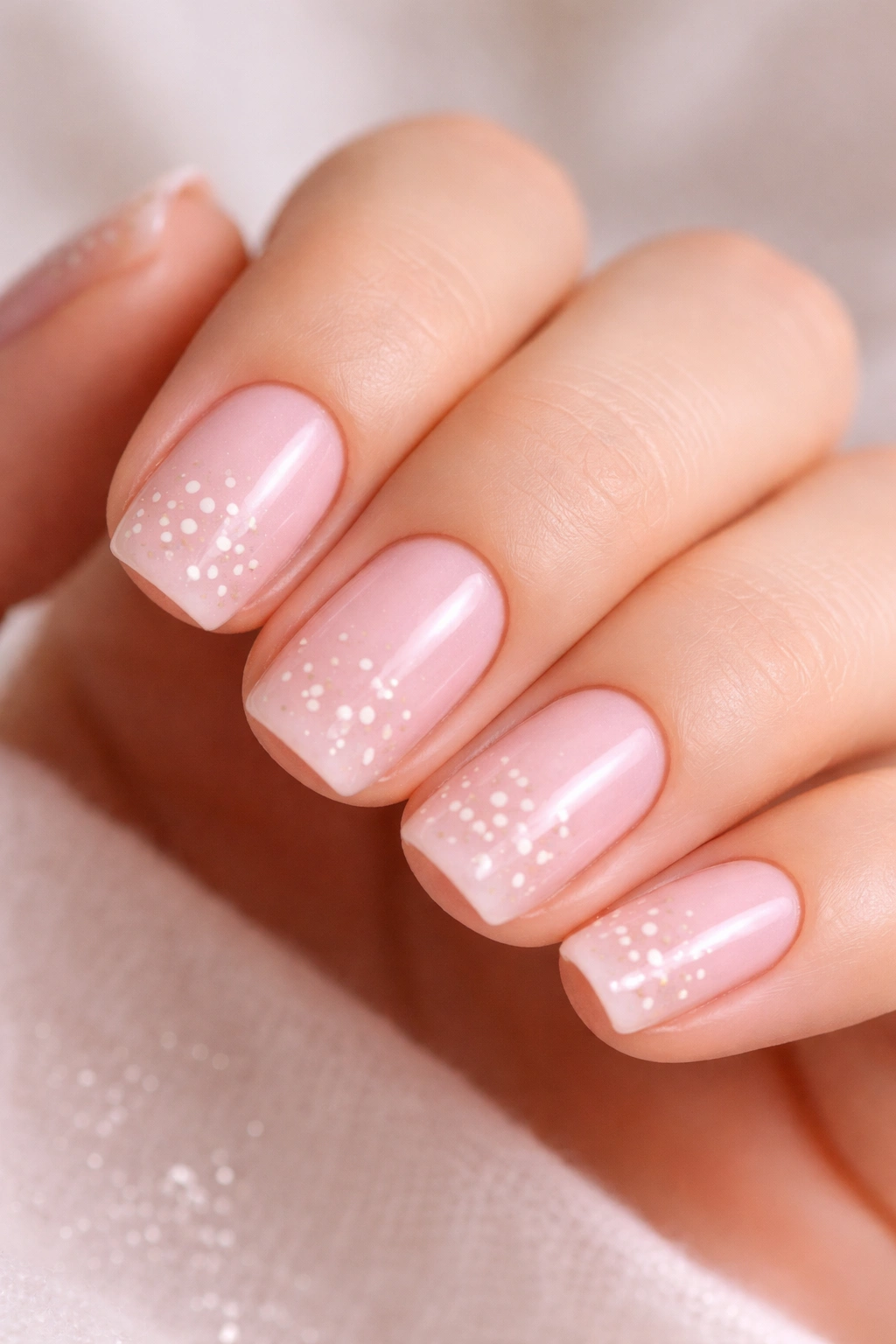 Close-up of short squoval nails in soft pink with delicate dot pattern
