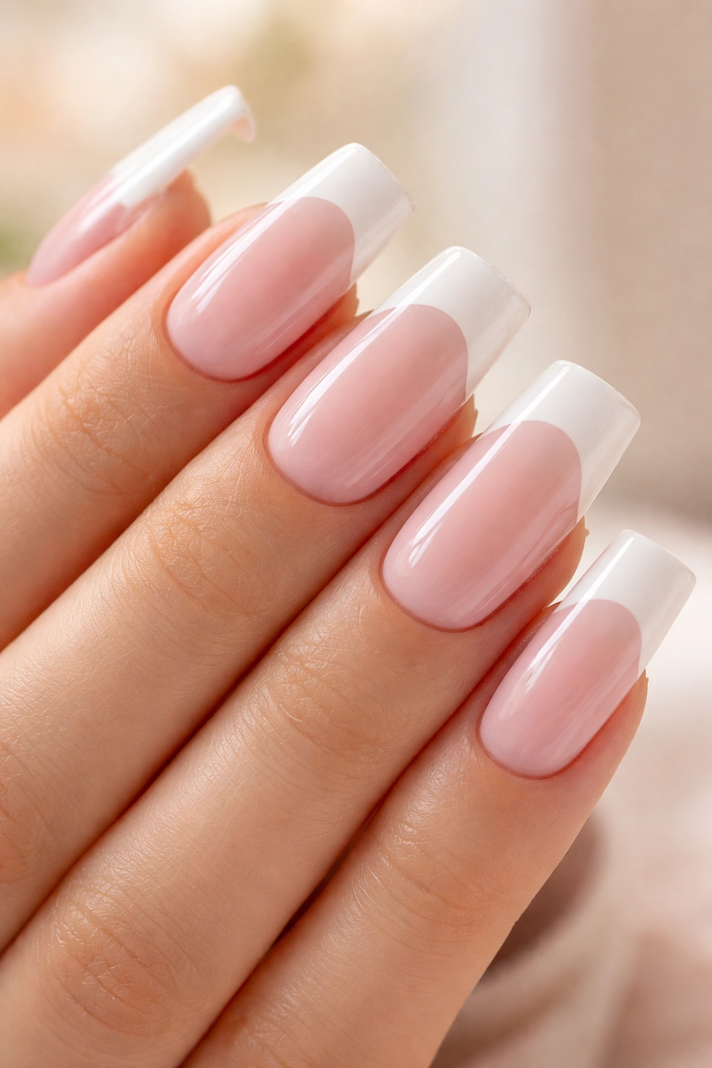 Duck nails with pale pink base and white tips for a soft, elegant look.