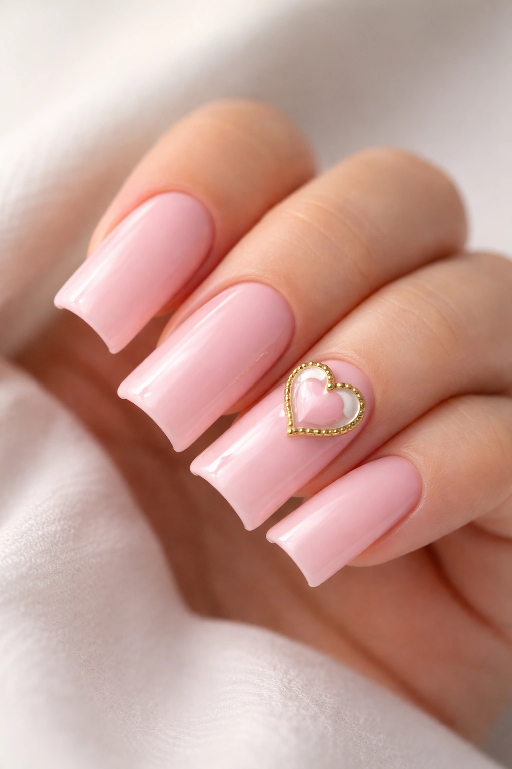 Close-up of soft pink nails with a centered enamel heart charm on one nail