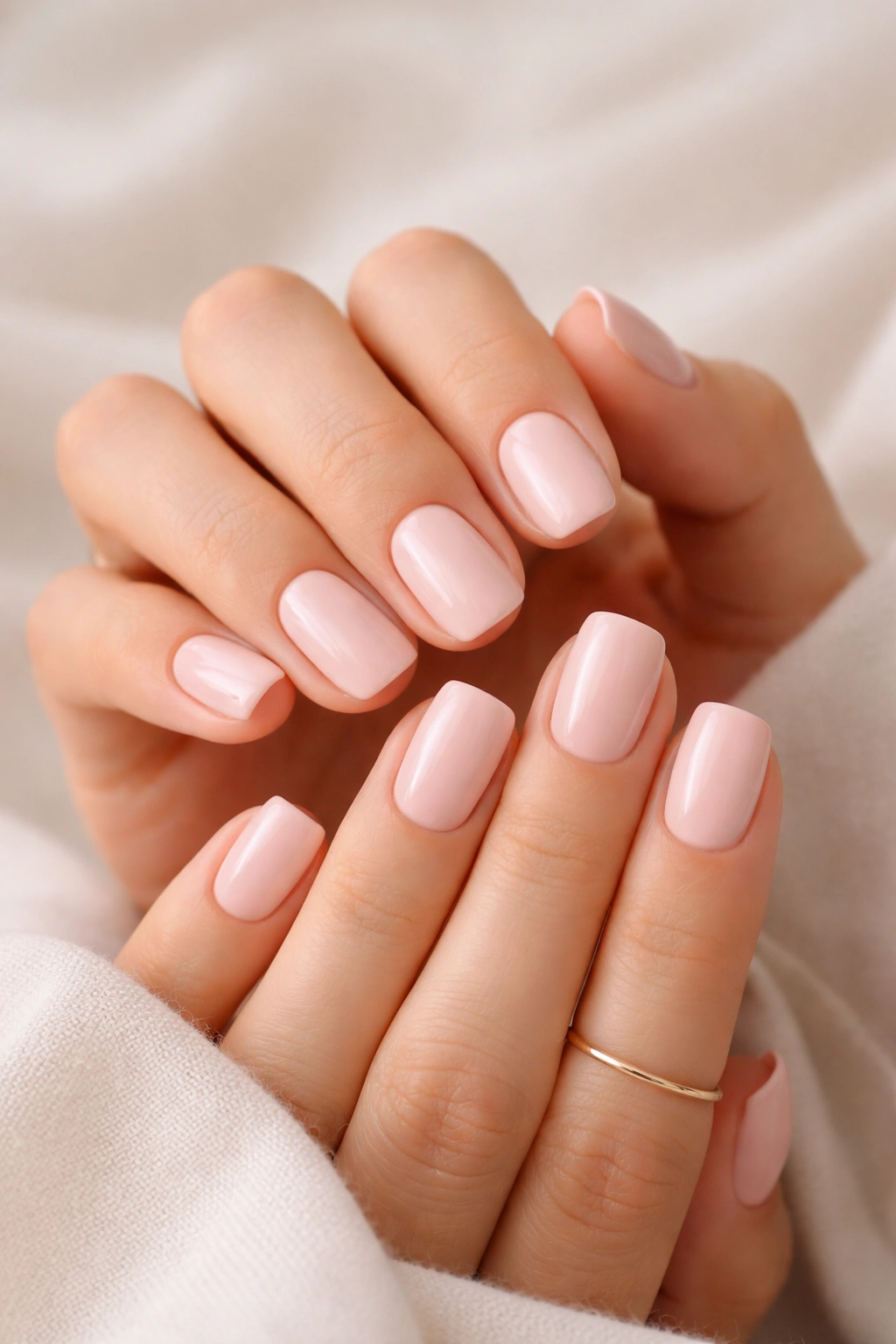 Close-up of hands with soft pink short square nails against a minimalist backdrop