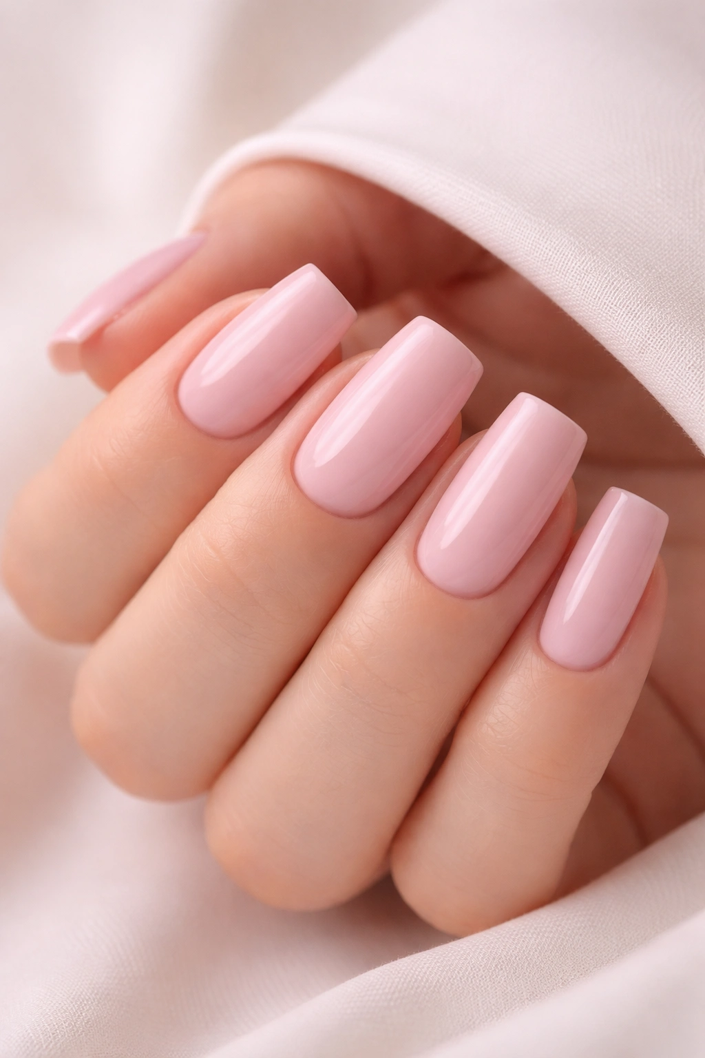 Close-up of soft pink square nails in a minimal manicure