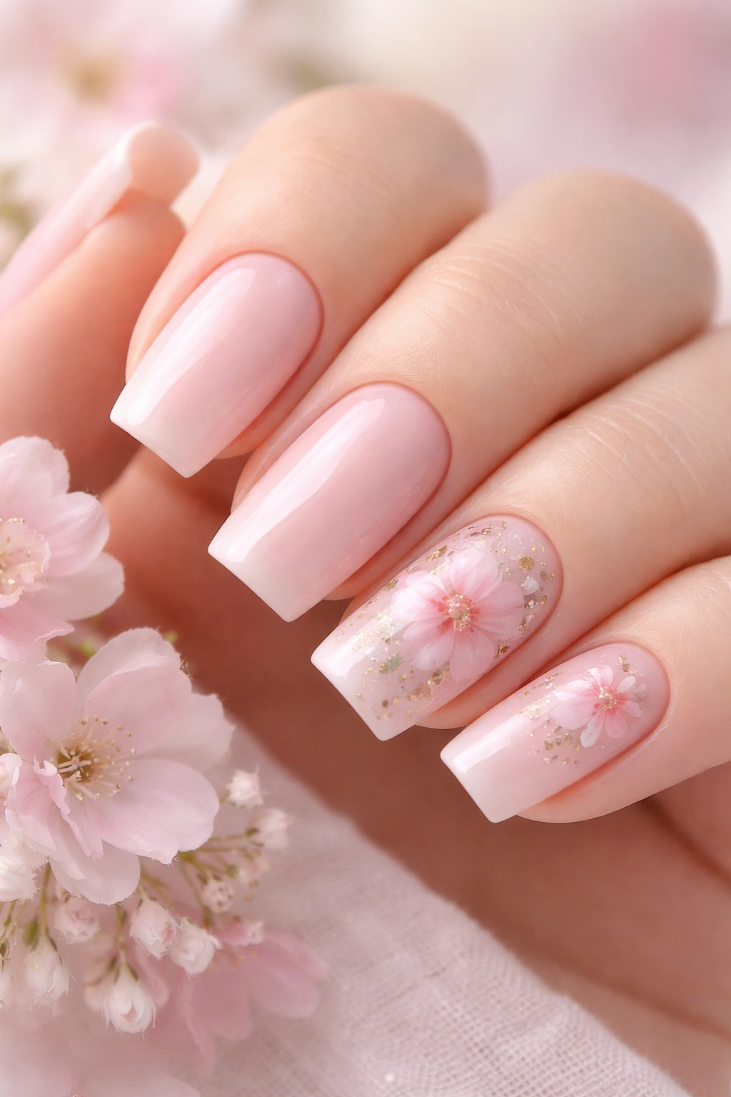 Nails with soft pink base and delicate floral designs on square nails