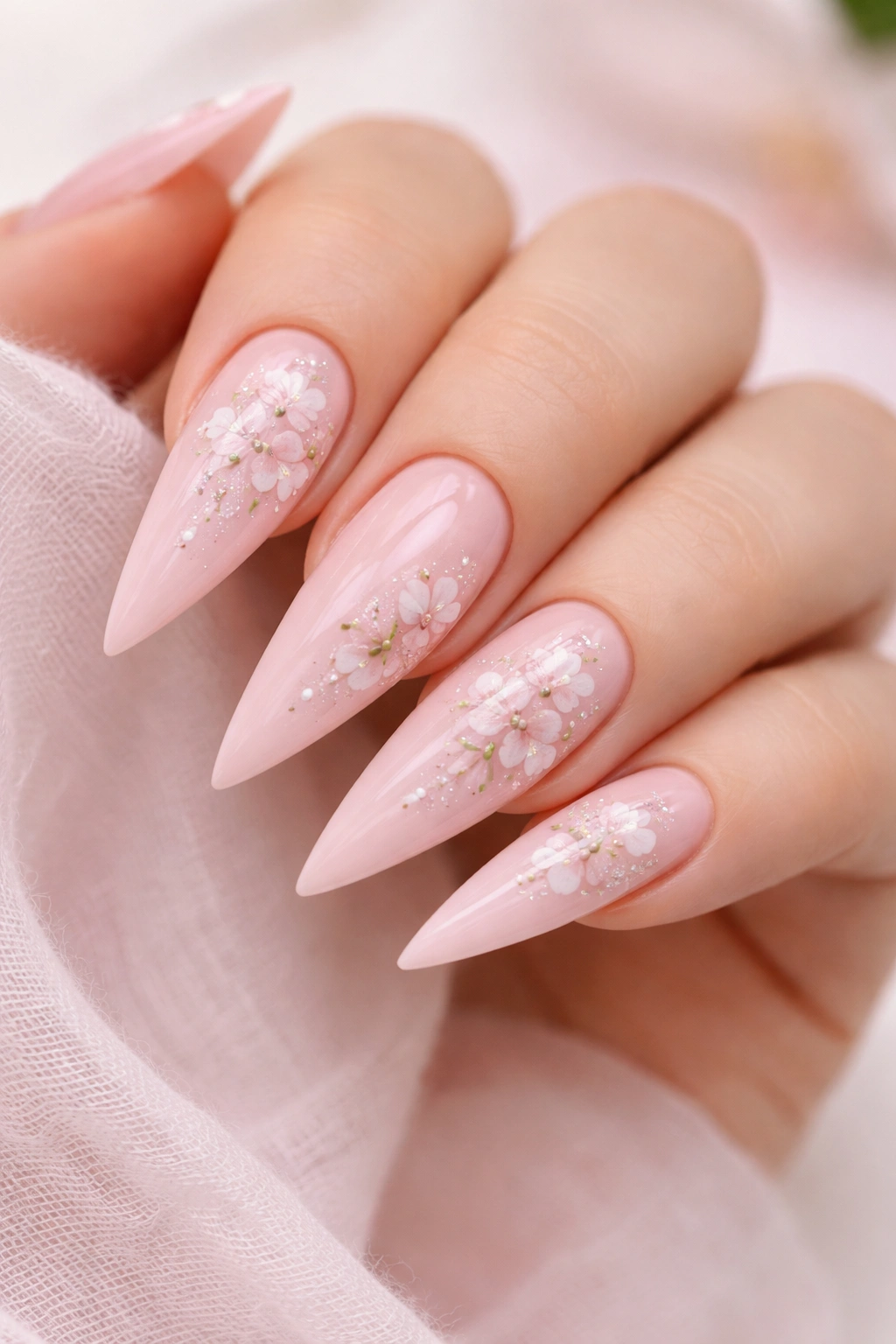 Soft pink stiletto nails with delicate floral hand-painting