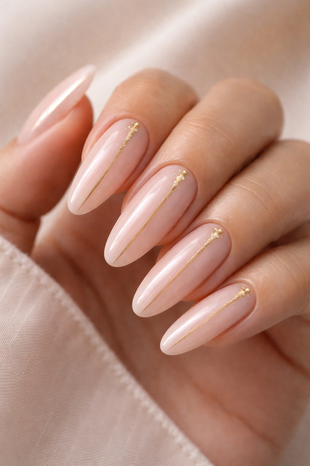 Close-up of soft pink oval nails with gold foil accents