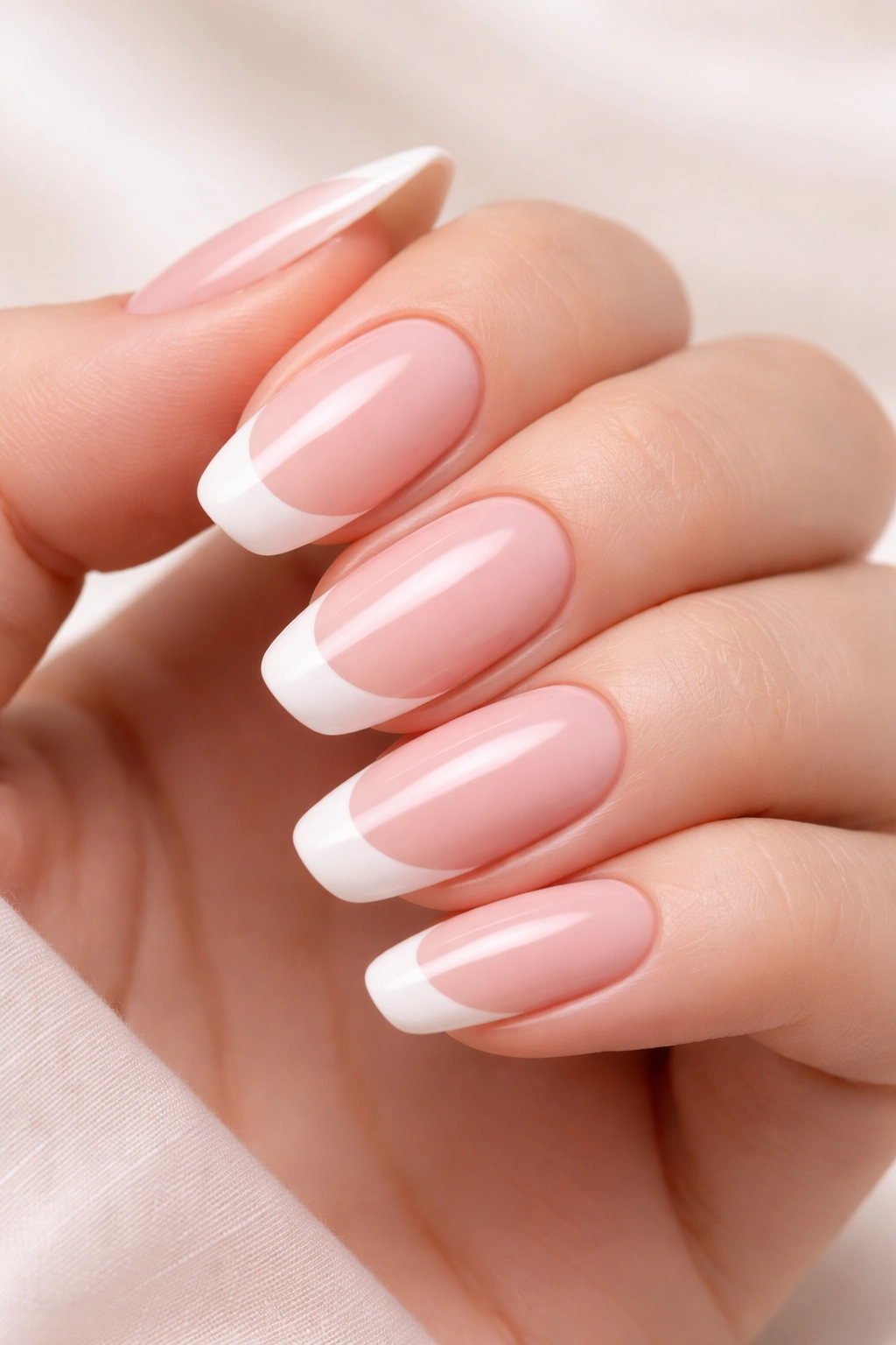 Close-up of nails with soft pink base and white French tips