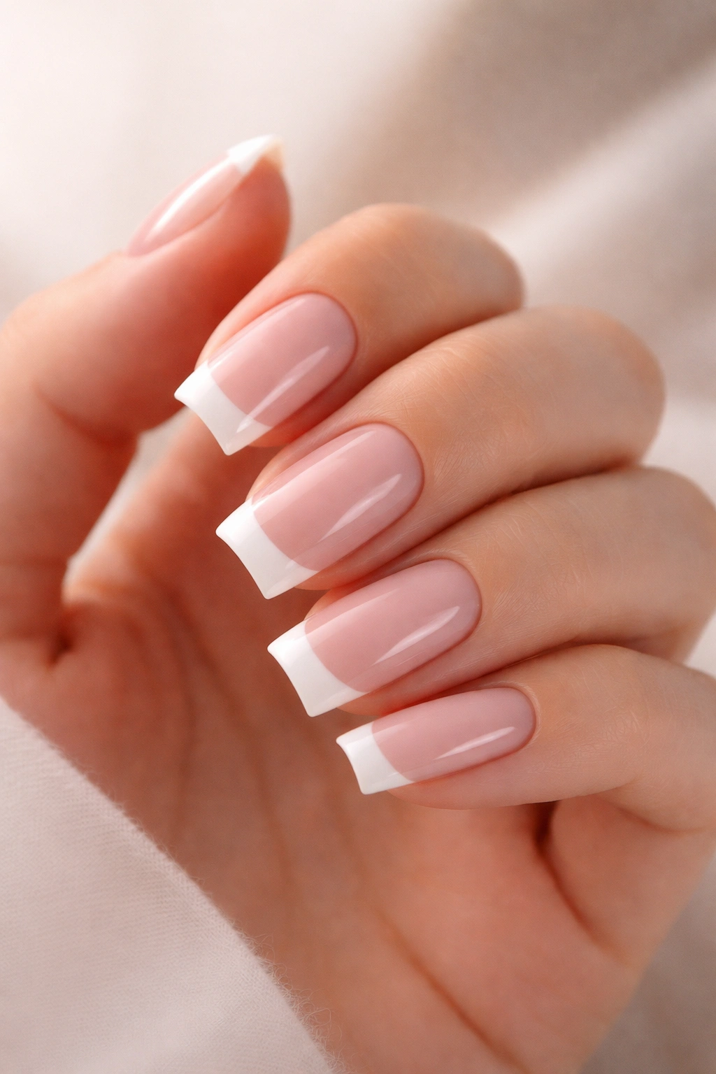 Close-up of a hand displaying soft pink square nails with white French tips against a neutral background