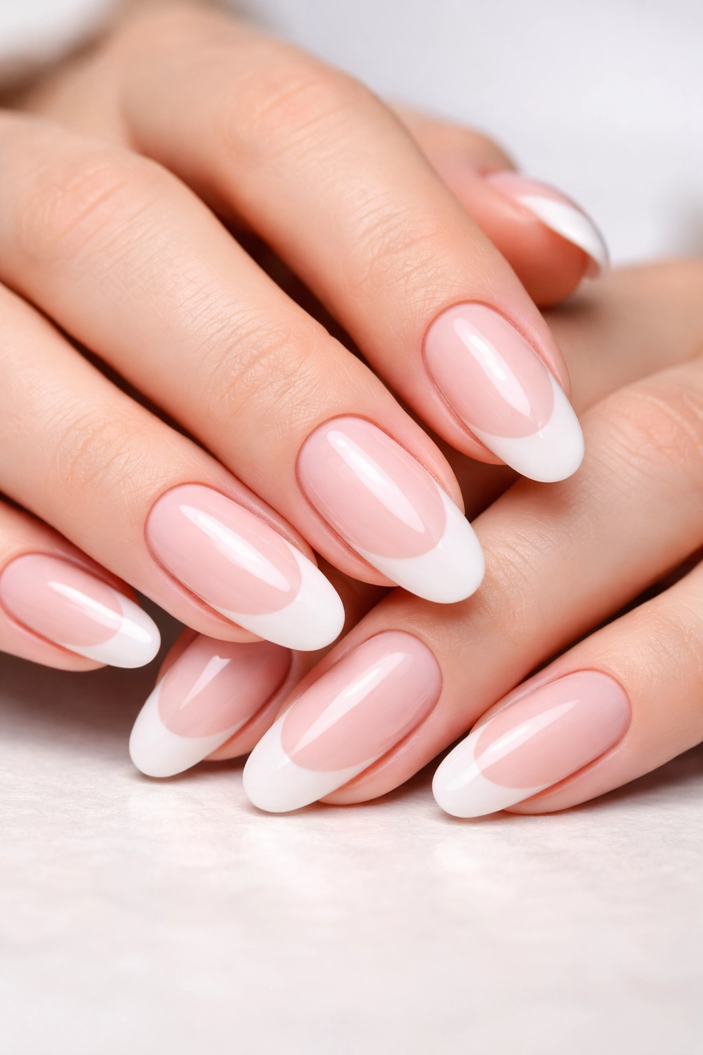 Close-up of long oval nails with a creamy pink base and white French tips