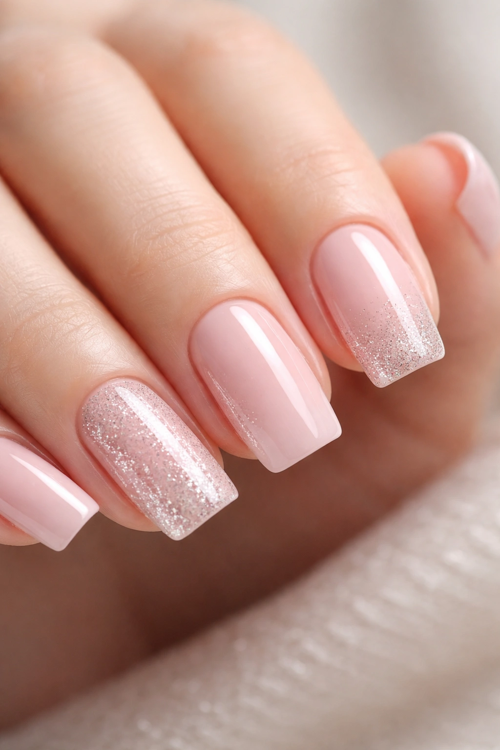 Soft pink nails with glitter accents on accent nails