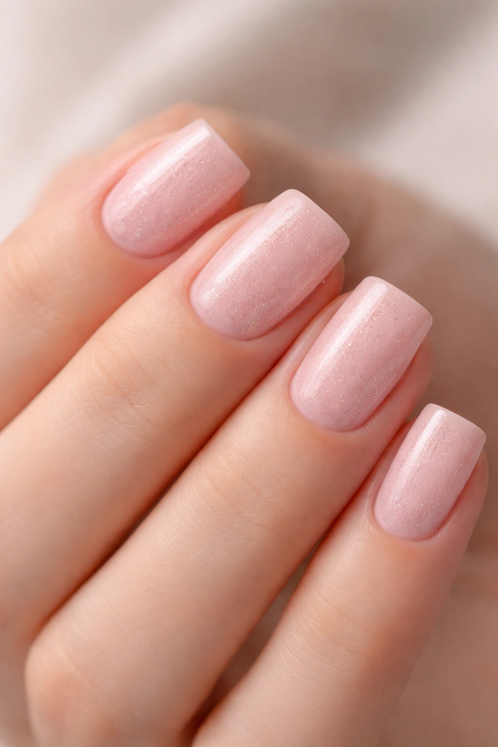 Close-up of short soft square nails in soft pink with barely visible glitter