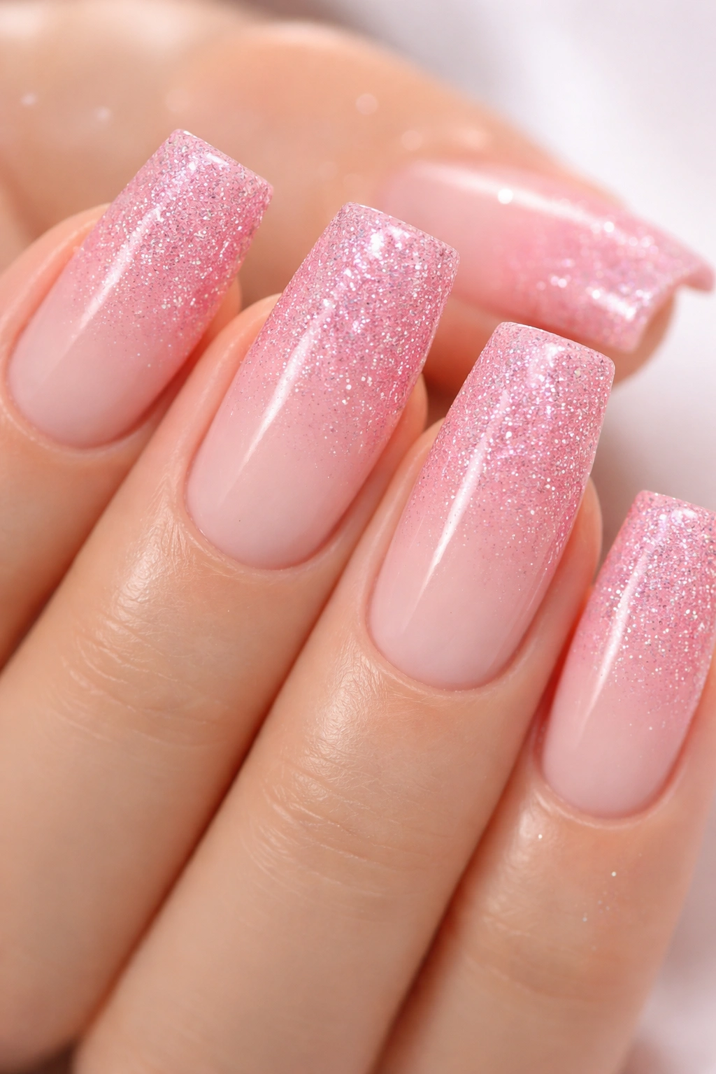 Close-up of soft pink square nails with glitter gradient at tips.