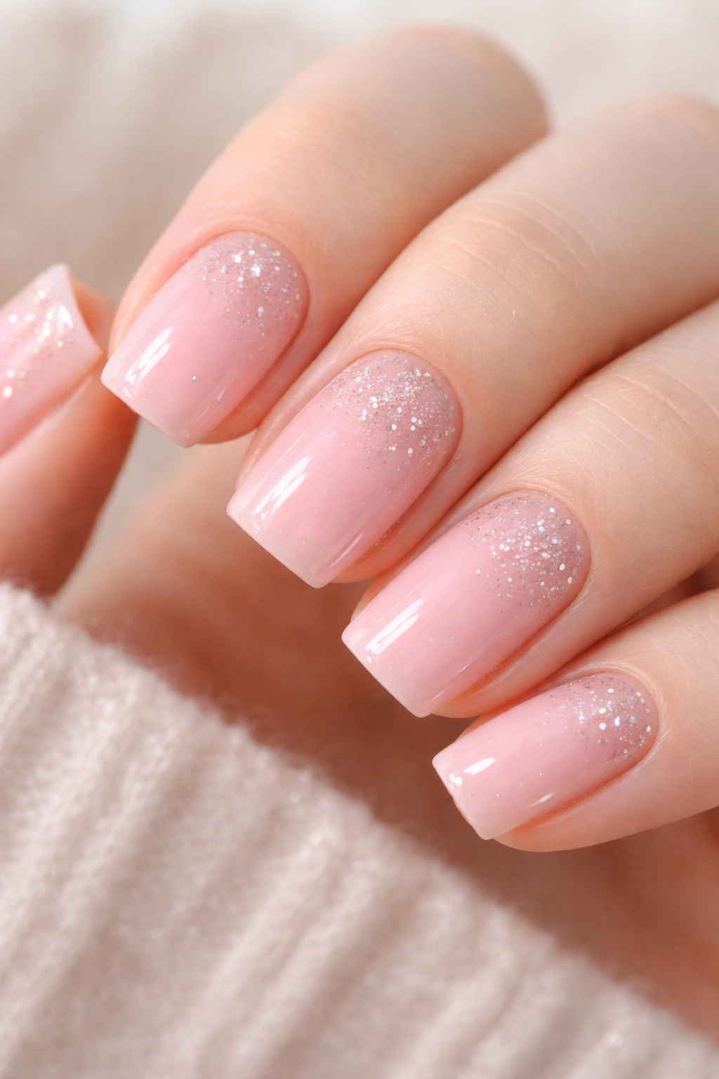 Nails with soft pink base and sparse glitter flakes, understated shimmer.