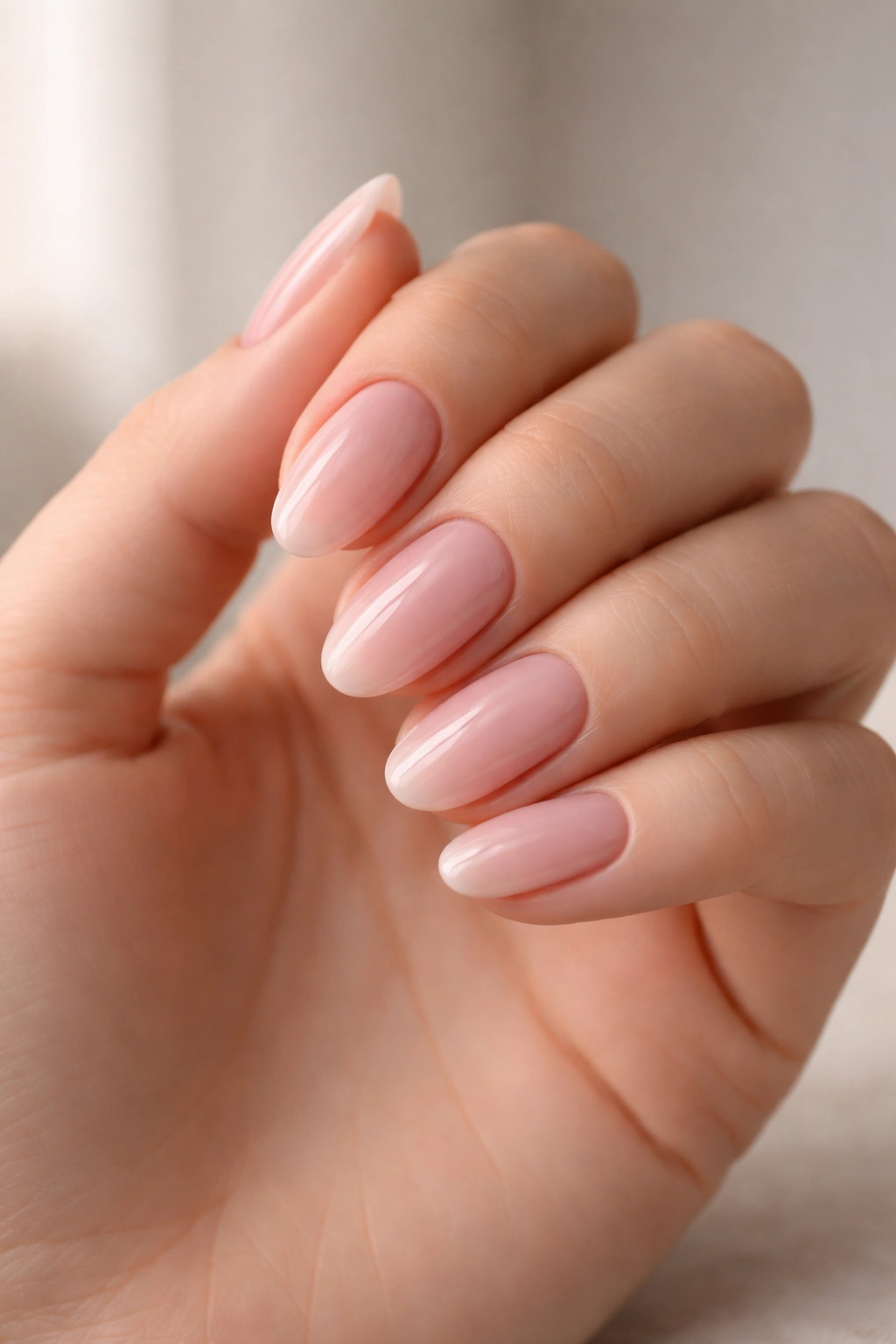 Close-up of soft pink gloss almond nails on a hand