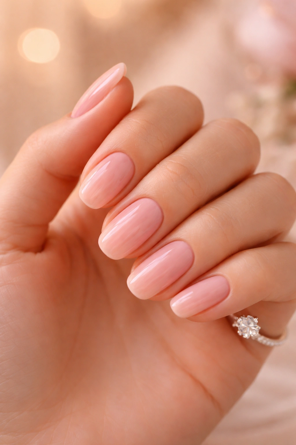 Close-up of soft pink nails with glossy finish