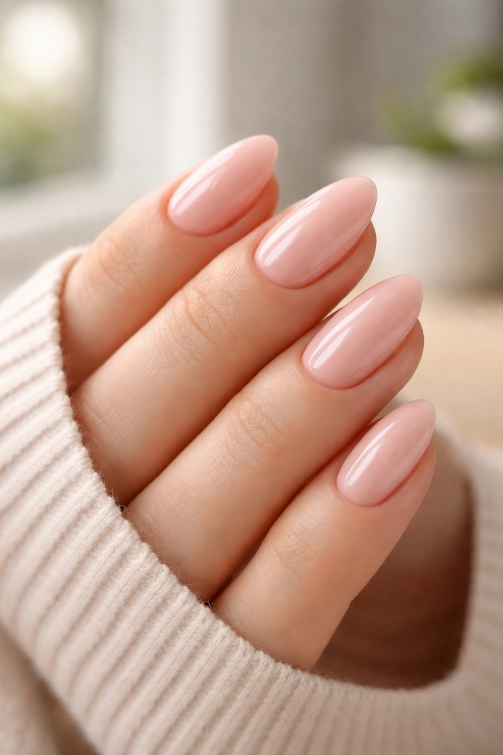 Close-up of soft pink almond nails with a glossy finish on a hand