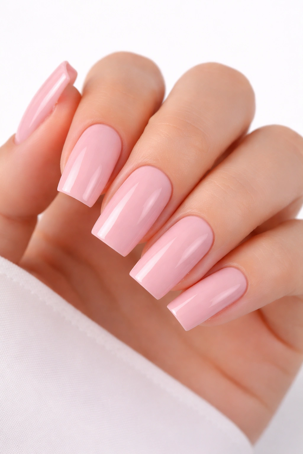 Close-up of square nails in pure soft pink with a glossy finish