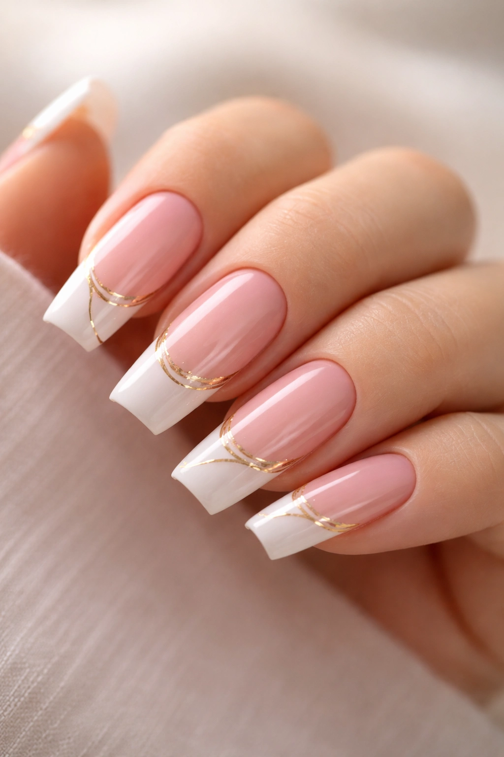 Close-up of soft pink curved coffin nails with white tips and delicate gold detailing on medium-length nails
