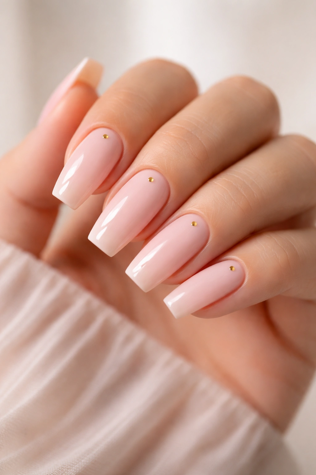 Close-up of coffin nails with soft pink base and tiny gold dots on each nail