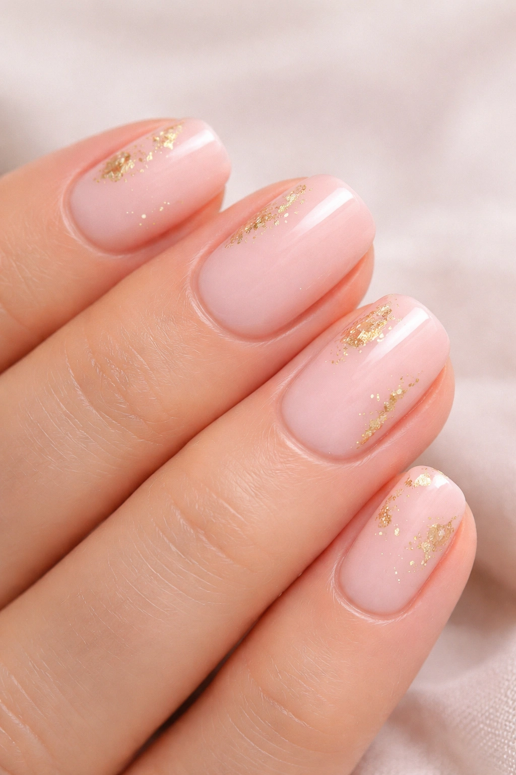 Close-up of creamy pink acrylic nails with subtle gold leaf accents.