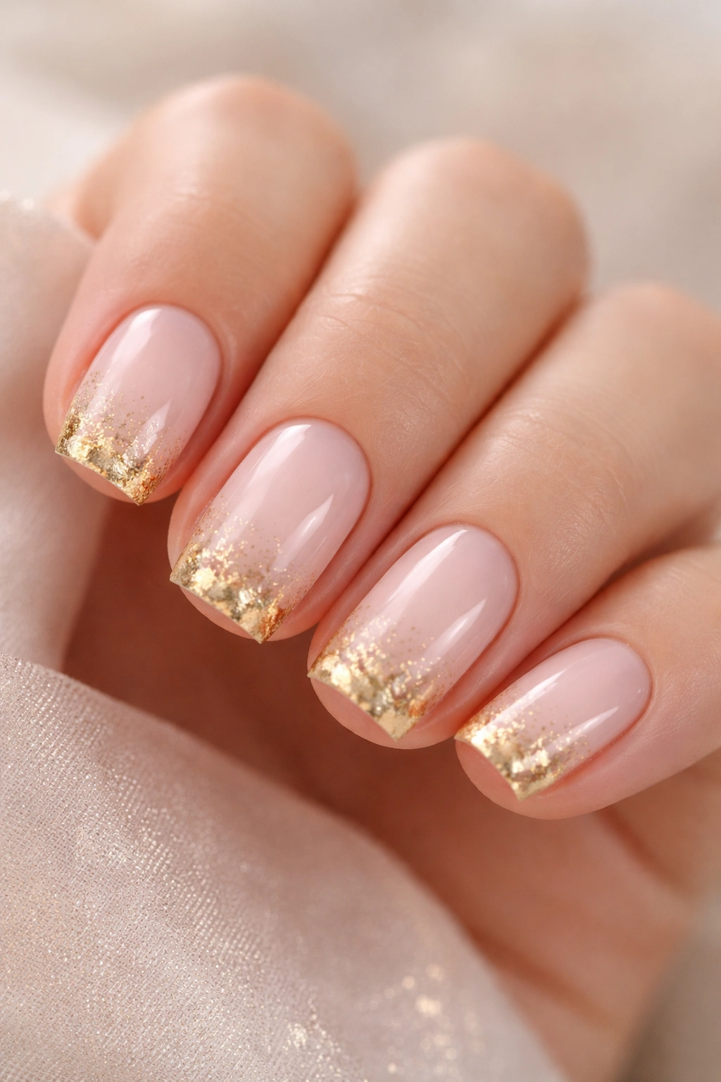 Close-up of short squoval nails with pale pink base and gold leaf accents on tips