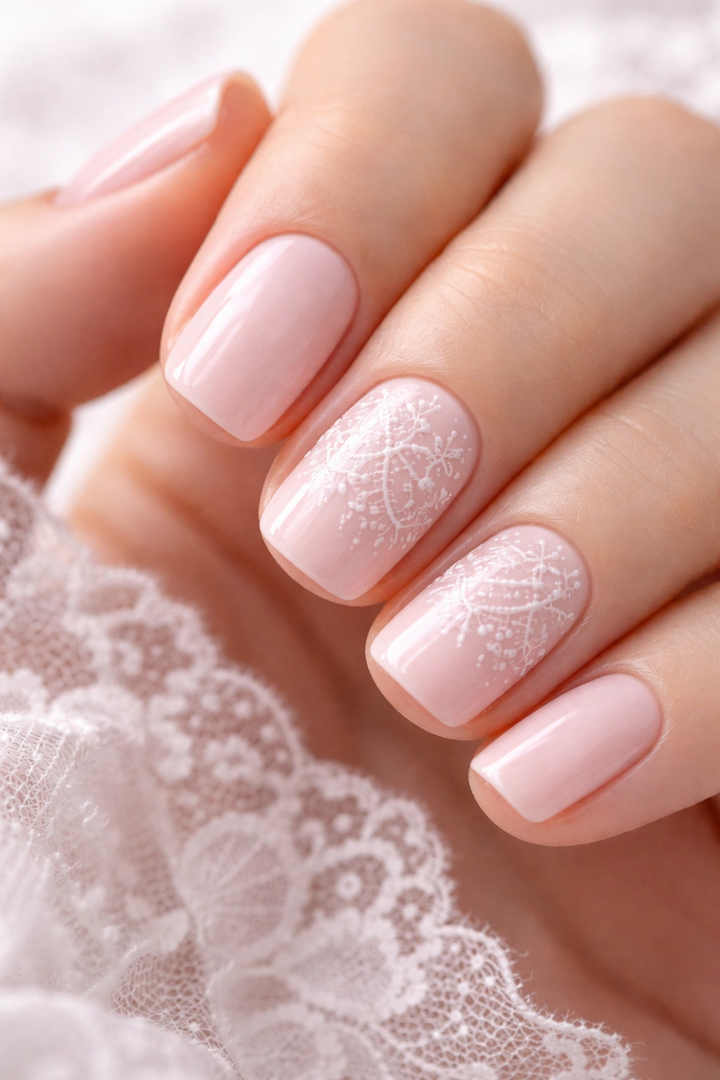 Close-up of soft pink nails with lace pattern on a couple nails