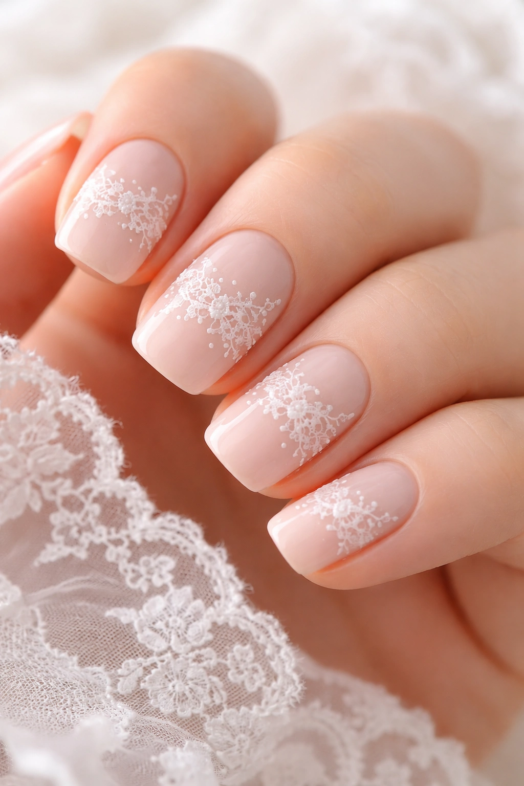 Soft pink nails with delicate white lace patterns on squoval nails.