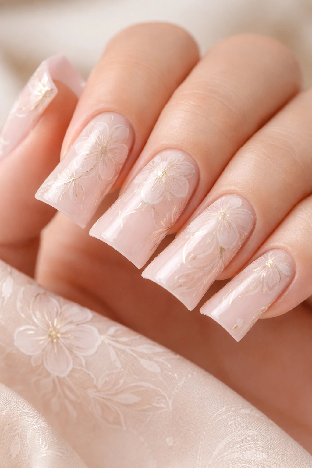 Close-up of duck nails with pale pink base and fine white/gold floral lines