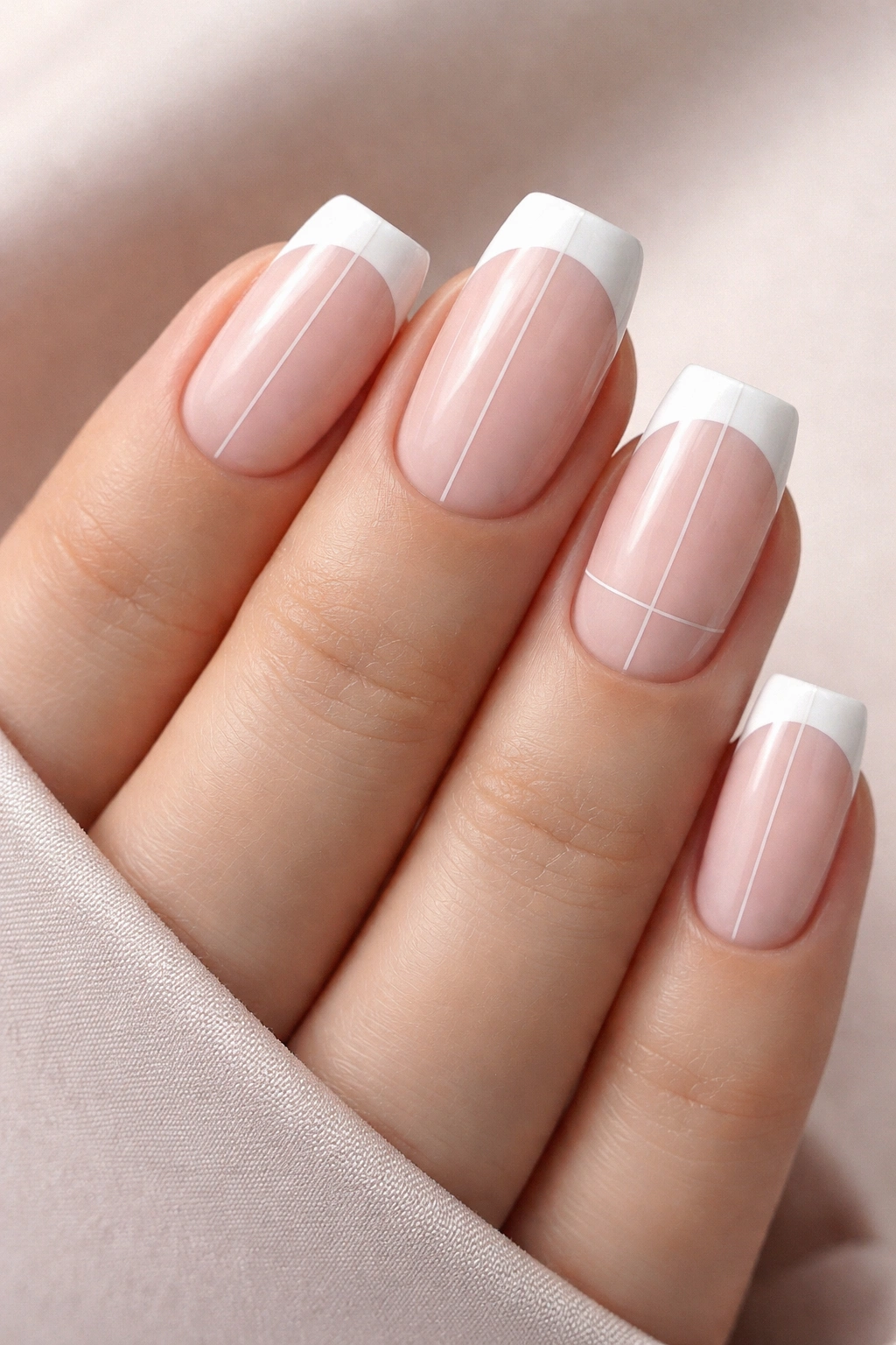 Soft pink nails with ultra-thin gold and white line details