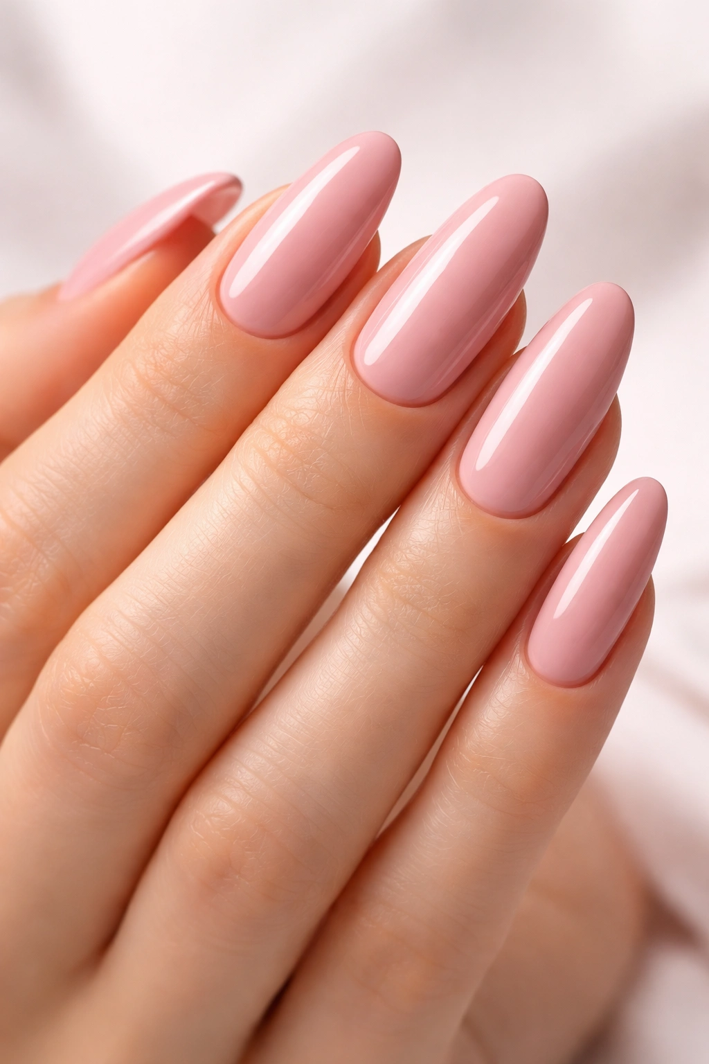 Close-up of long oval acrylic nails in soft pink with a glossy luxury finish.