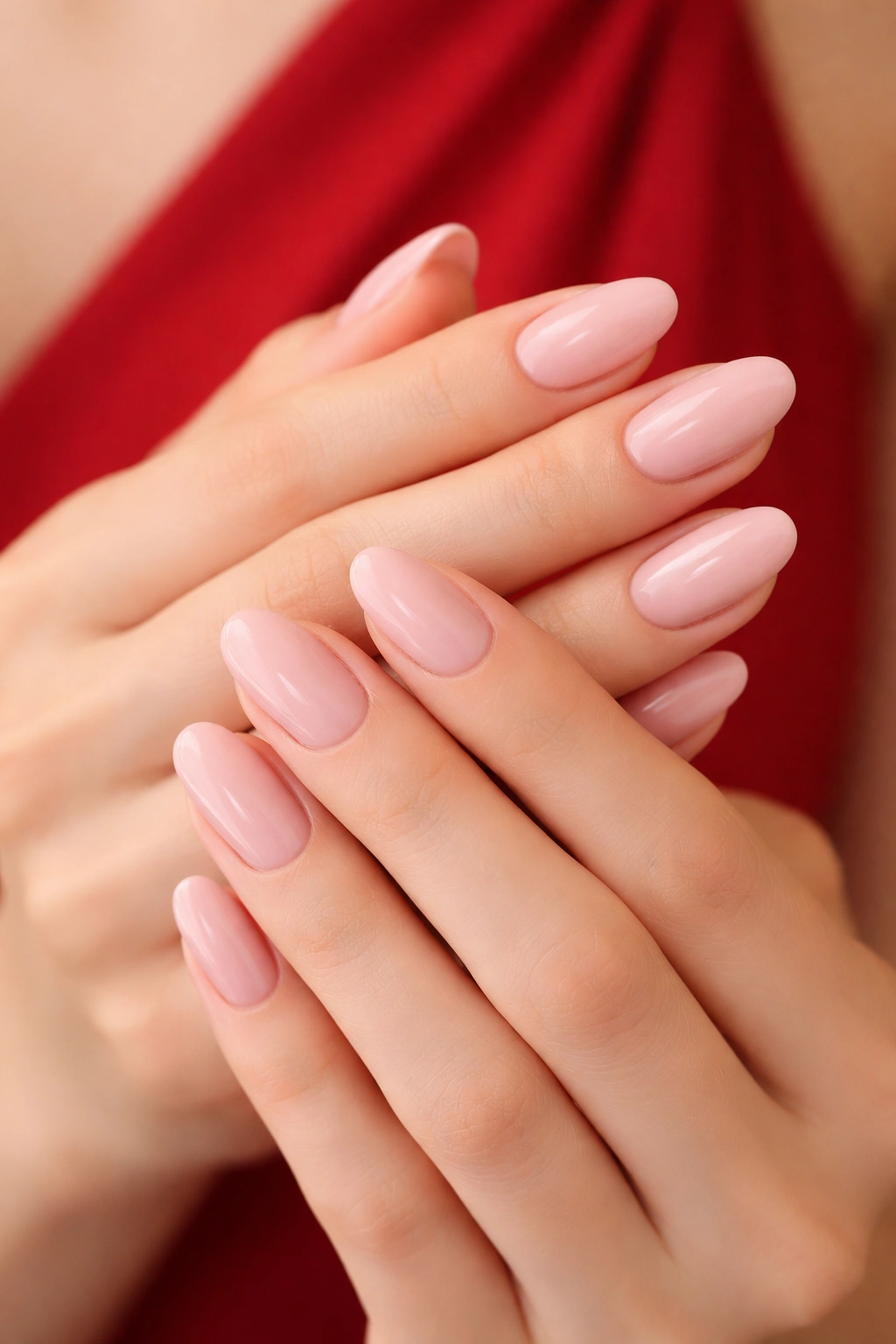 Close-up of soft pink nails in pale blush shades on a hand, diffused studio lighting
