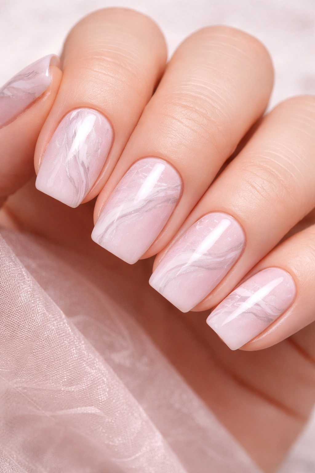 Close-up of short squoval nails with soft pink base and white gray marble veins.