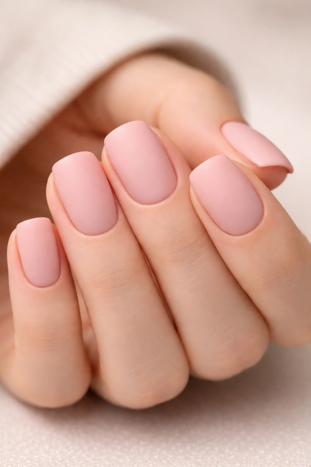 Close-up of short squoval nails in soft pink with a matte finish