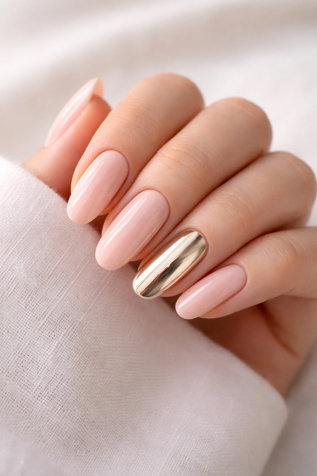 Close-up of long oval nails with soft pink base and a single metallic accent nail