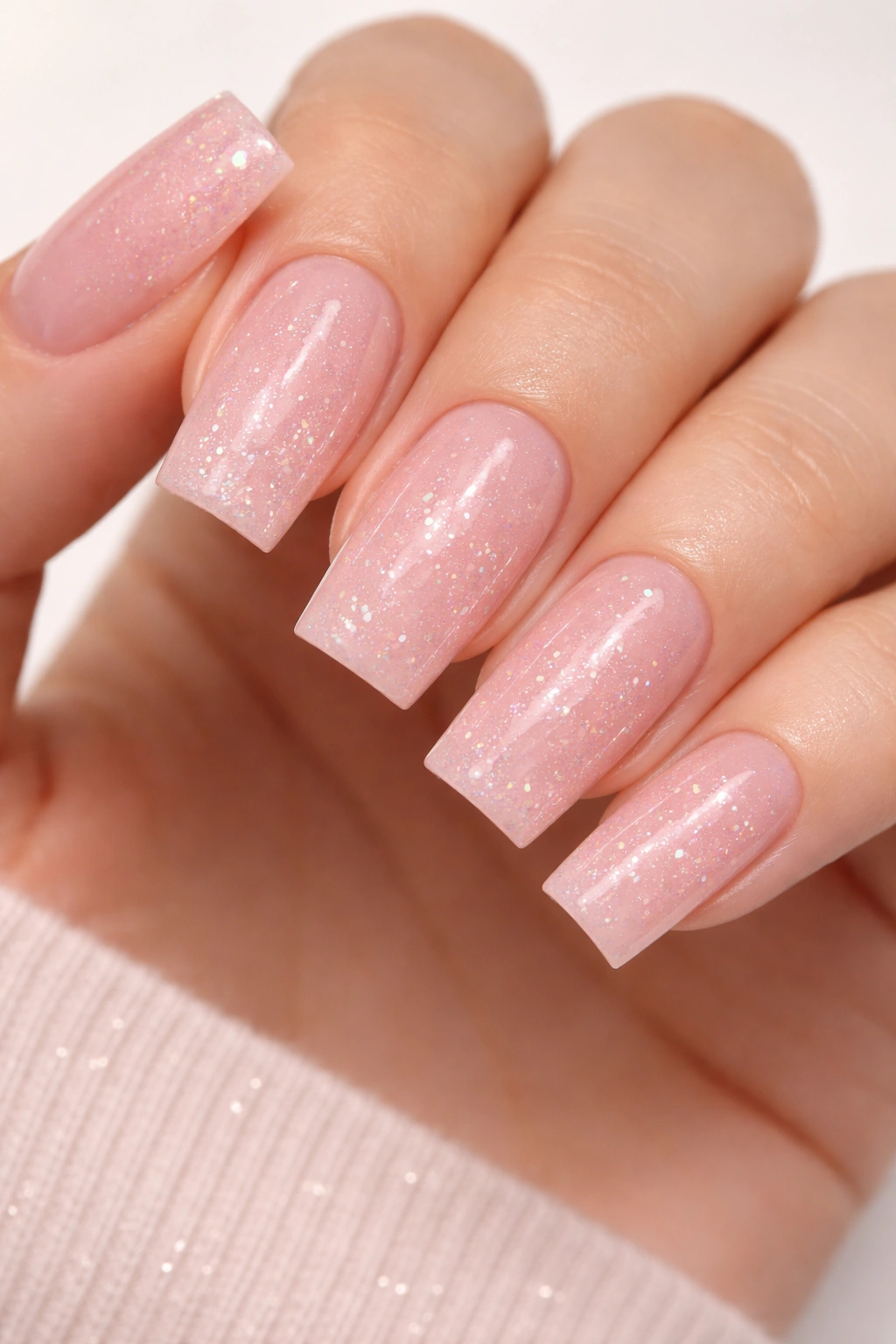 Close-up of square nails with soft pink and micro diamond sparkle