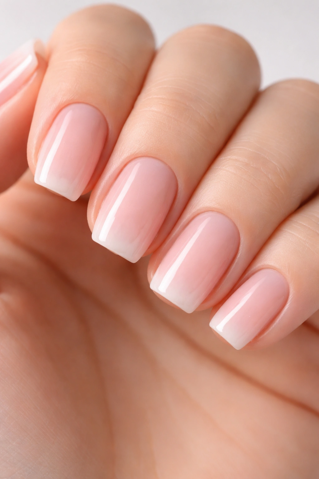 Close-up of short square nails with soft pink tips and natural base on a neutral backdrop
