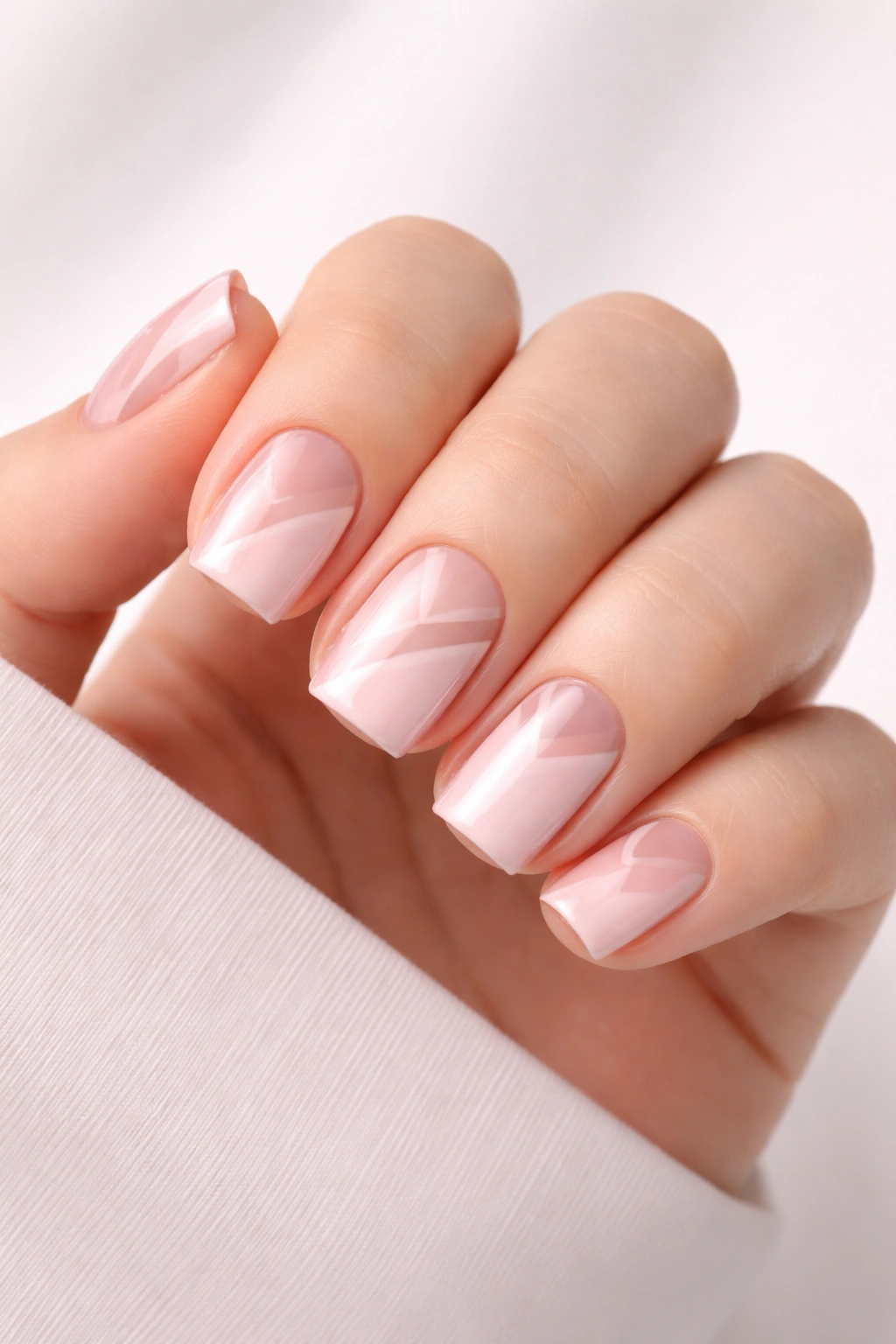 Close-up of short square nails in soft pink with negative-space geometric design.