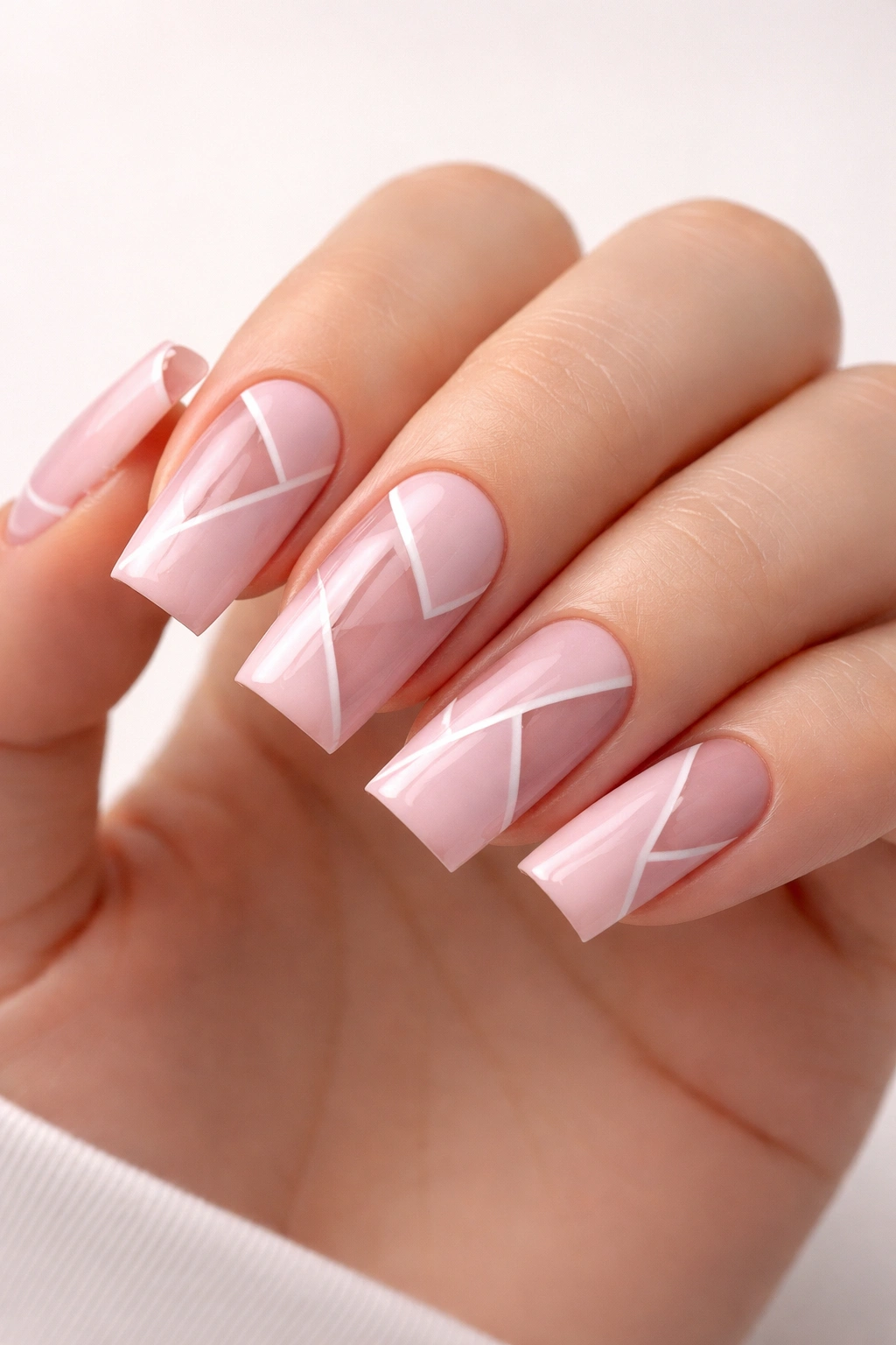 Close-up of soft pink square nails with negative-space geometric shapes.